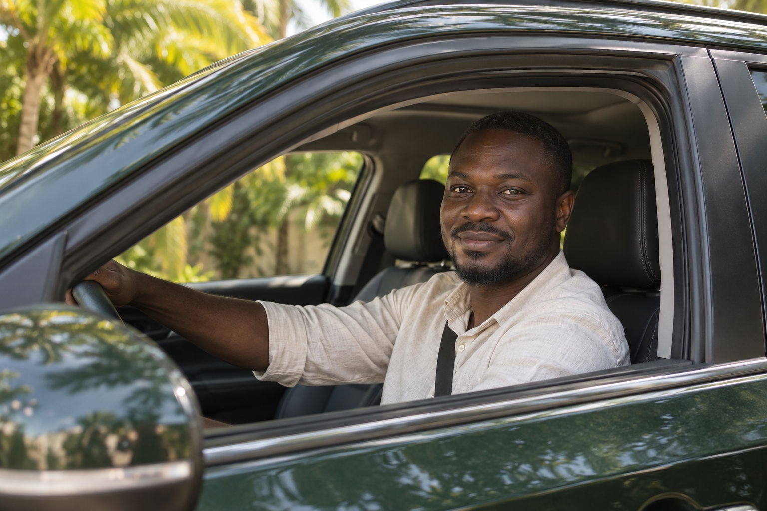 A friendly driver seated behind the wheel with the window open